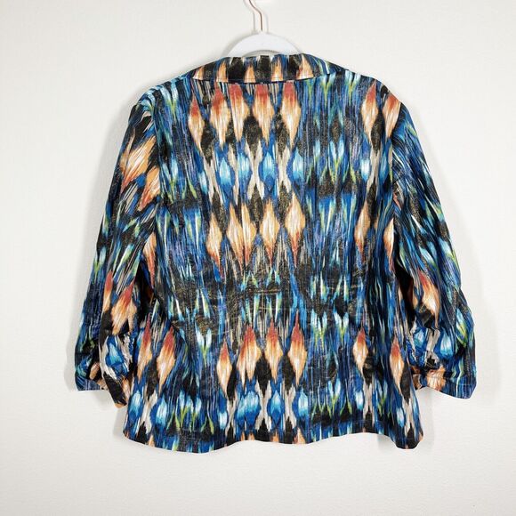 Chicos Linen Blend Ruched Sleeve Jacket Size L Ikat Print Blue Metallic Collared - Picture 9 of 12